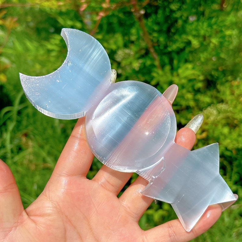 400g+ Natural Selenite Triple Moon Star Charging Dish,Quartz Crystal Ashtray,Mineral Samples,Crystal Gifts,Home Decoration,Reiki Healing 1PC