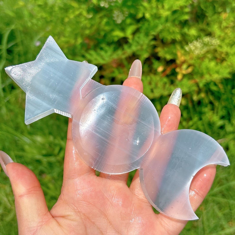 400g+ Natural Selenite Triple Moon Star Charging Dish,Quartz Crystal Ashtray,Mineral Samples,Crystal Gifts,Home Decoration,Reiki Healing 1PC