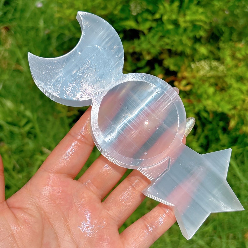 400g+ Natural Selenite Triple Moon Star Charging Dish,Quartz Crystal Ashtray,Mineral Samples,Crystal Gifts,Home Decoration,Reiki Healing 1PC