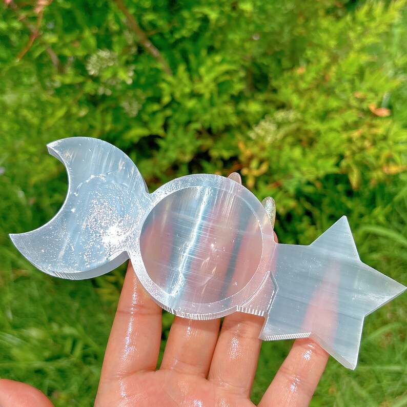 400g+ Natural Selenite Triple Moon Star Charging Dish,Quartz Crystal Ashtray,Mineral Samples,Crystal Gifts,Home Decoration,Reiki Healing 1PC