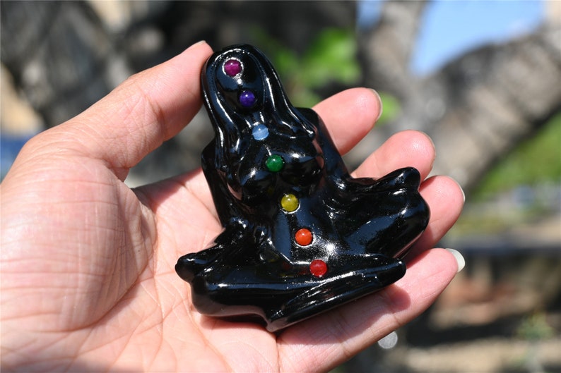 3.4'' Natural carved Obsidian Chakela Beauty goddess，Crystal woman，Crystal goddess，Yoga Goddess，Crystal gift，Crystal Healing 1PC