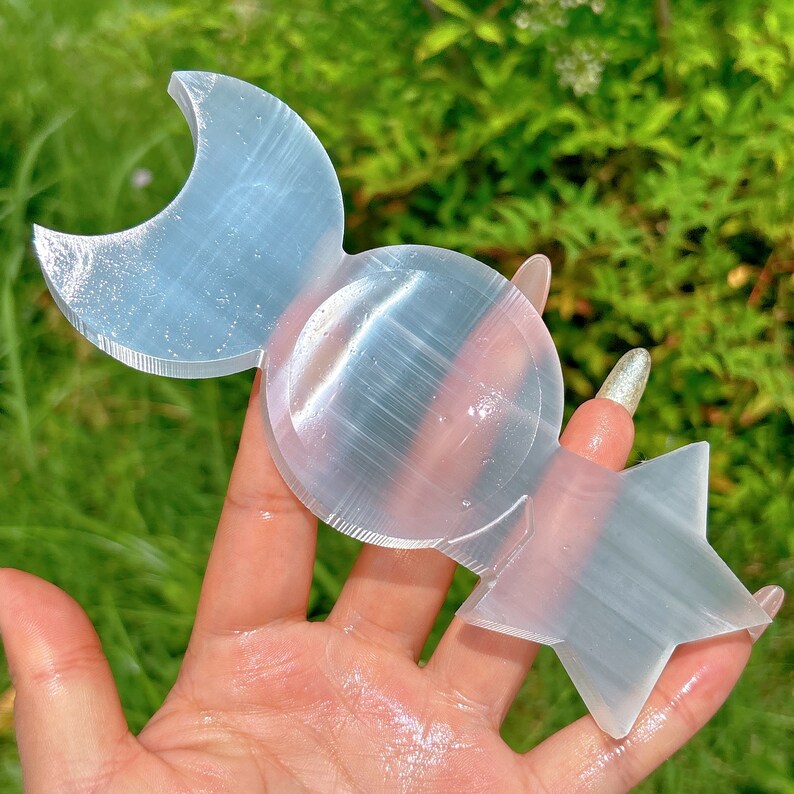 400g+ Natural Selenite Triple Moon Star Charging Dish,Quartz Crystal Ashtray,Mineral Samples,Crystal Gifts,Home Decoration,Reiki Healing 1PC
