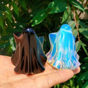 Hand Carved Opalite/Obsidian Ghost Skull,Quartz Crystal Ghost,Crystal Sculpture,Mineral Specimen,Home Decoration,Reiki Healing,Crystal Gifts