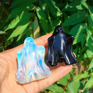 Hand Carved Opalite/Obsidian Ghost Skull,Quartz Crystal Ghost,Crystal Sculpture,Mineral Specimen,Home Decoration,Reiki Healing,Crystal Gifts