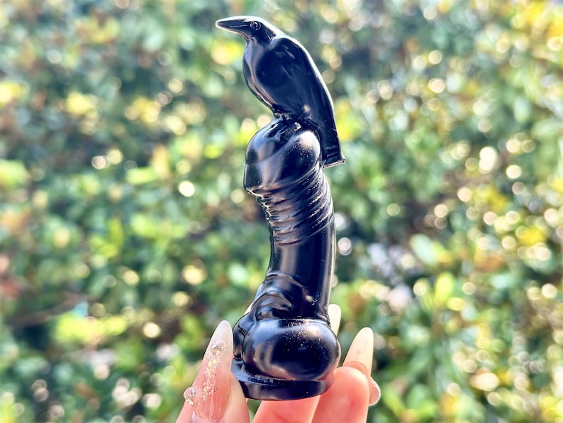 4" Natural Obsidian Hand Carved Dick Crow,Crystal Quartz Bird,Penis Crow Carving,Energy crystal,Reiki healing,Home Decor,Halloween gifts 1PC