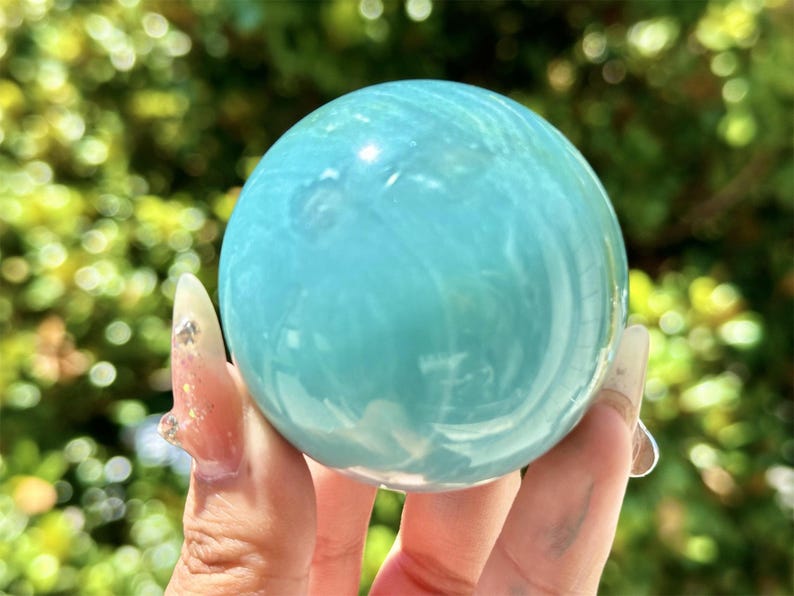 5CM+ Natural Amazonite Hand Carved Sphere,Quartz Crystal,Sky Blue Ball,Home Decor,Crystal Healing Divination ball,Crystal Gift+Free Base1PC