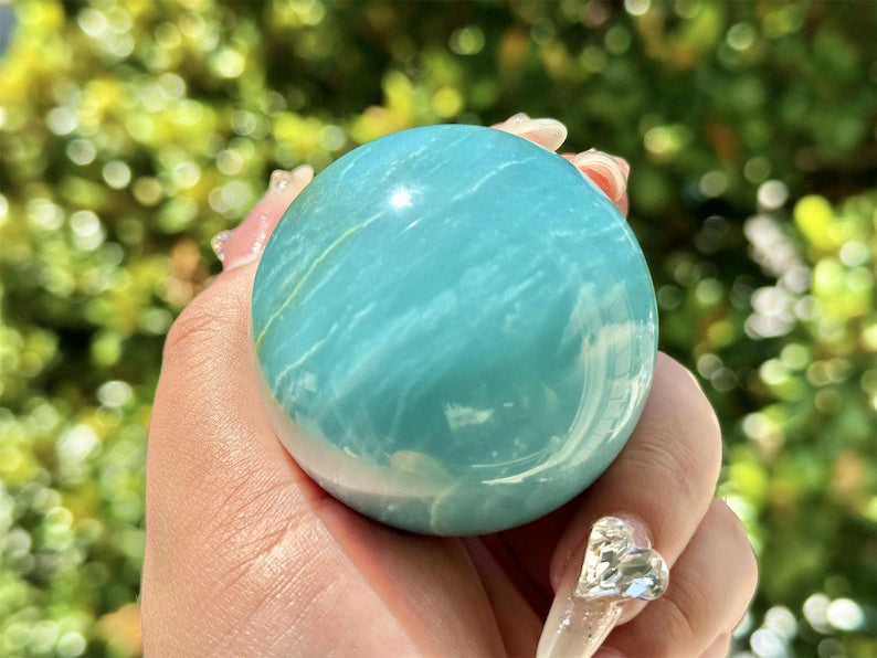5CM+ Natural Amazonite Hand Carved Sphere,Quartz Crystal,Sky Blue Ball,Home Decor,Crystal Healing Divination ball,Crystal Gift+Free Base1PC