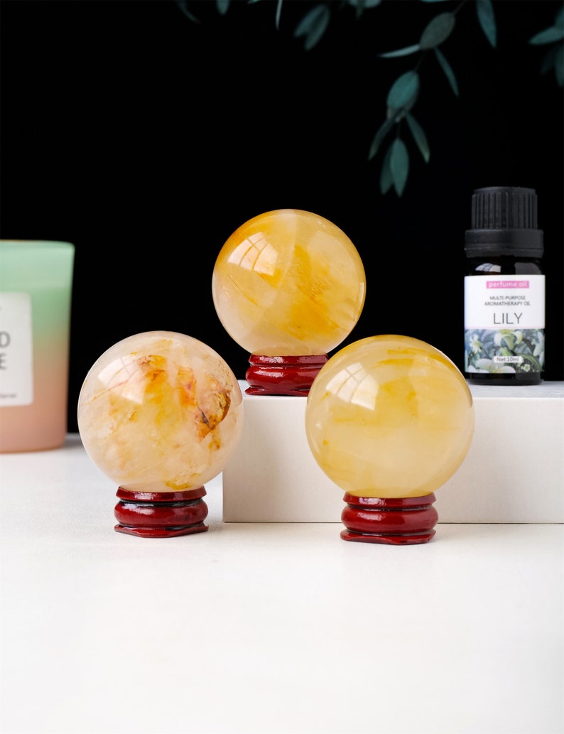 5CM+ Natural Yellow Fire Quartz Hand Carved Sphere,Quartz Crystal Ball,,Home Decor,Crystal Healing Divination ball,Crystal Gift 1PC