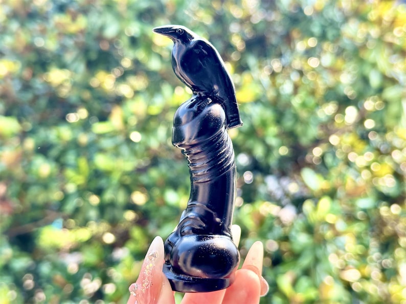 4" Natural Obsidian Hand Carved Dick Crow,Crystal Quartz Bird,Penis Crow Carving,Energy crystal,Reiki healing,Home Decor,Halloween gifts 1PC