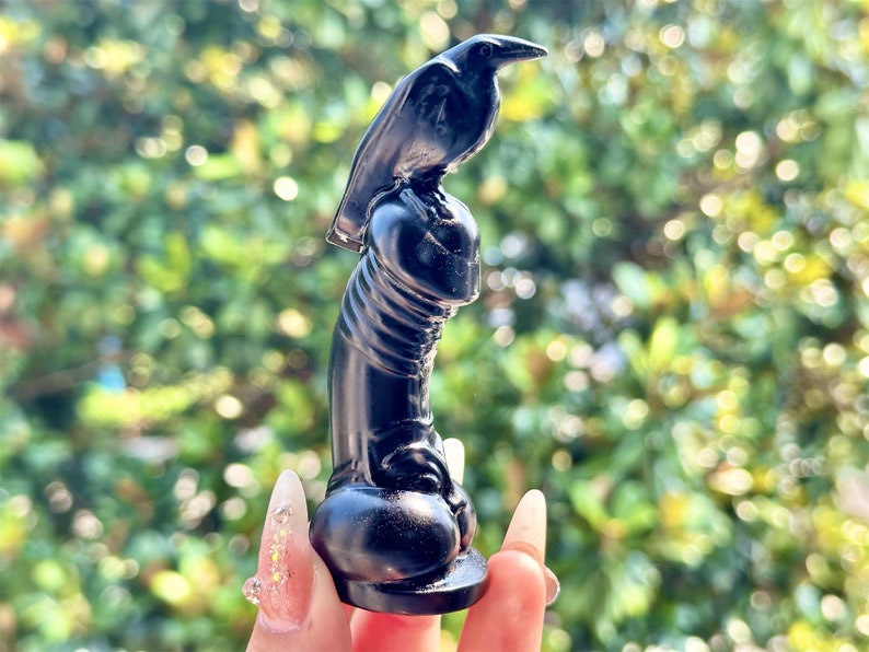 4" Natural Obsidian Hand Carved Dick Crow,Crystal Quartz Bird,Penis Crow Carving,Energy crystal,Reiki healing,Home Decor,Halloween gifts 1PC