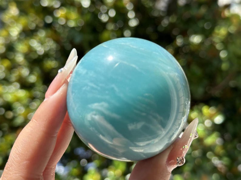 5CM+ Natural Amazonite Hand Carved Sphere,Quartz Crystal,Sky Blue Ball,Home Decor,Crystal Healing Divination ball,Crystal Gift+Free Base1PC
