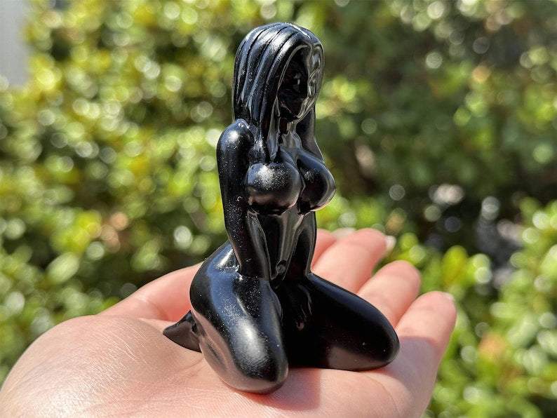 3.2" Natural Obsidian Hand Carved Female Model,Crystal Quartz Kneeling female model Carving,Reiki Healing Crystal,Home Decor,Crystal Gift1PC