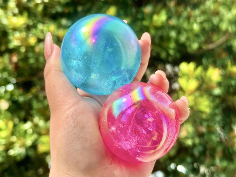 6CM+ Natural Electroplate (Red/Blue）Clear Quartz Carved Sphere,Quartz Crystal Ball,Electroplate Ball,Home Decor,Crystal ball gift +Free Base