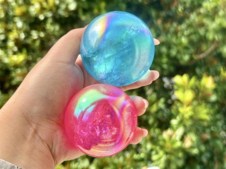 6CM+ Natural Electroplate (Red/Blue）Clear Quartz Carved Sphere,Quartz Crystal Ball,Electroplate Ball,Home Decor,Crystal ball gift +Free Base