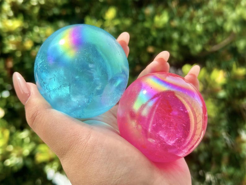 6CM+ Natural Electroplate (Red/Blue）Clear Quartz Carved Sphere,Quartz Crystal Ball,Electroplate Ball,Home Decor,Crystal ball gift +Free Base