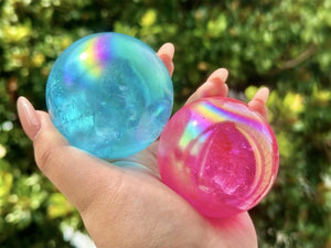 6CM+ Natural Electroplate (Red/Blue）Clear Quartz Carved Sphere,Quartz Crystal Ball,Electroplate Ball,Home Decor,Crystal ball gift +Free Base