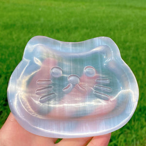 1PC Natural Selenite Happy Kitty Cat Bowl,Selenite Teacup Mat,Energy Meditation,Christmas Gift,Mineral Samples,Crystal Chakras,Crystal Gifts