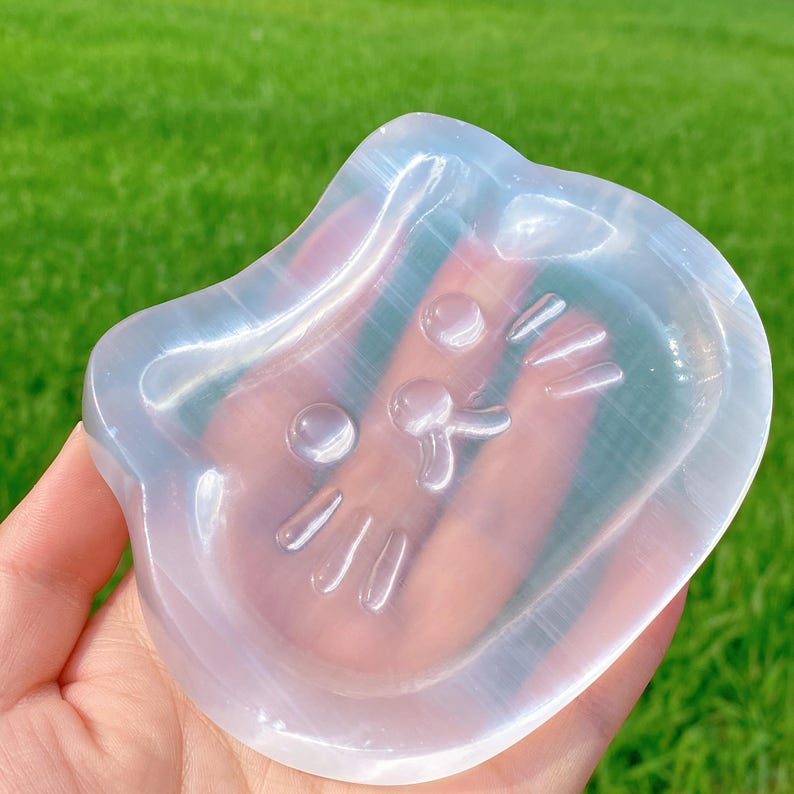 1PC Natural Selenite Happy Kitty Cat Bowl,Selenite Teacup Mat,Energy Meditation,Christmas Gift,Mineral Samples,Crystal Chakras,Crystal Gifts