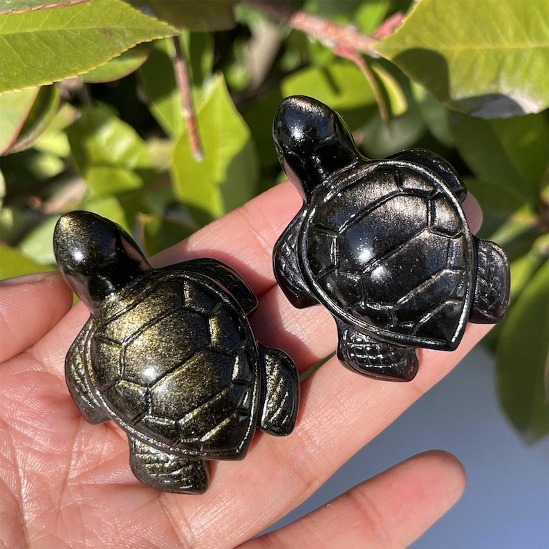 1.9‘’ Natural Golden/Silver Obsidian Sea Turtle, Quartz Crystal Sea Turtle, Crystal Animal，Home Decoration, Reiki Healing, Crystal gifts