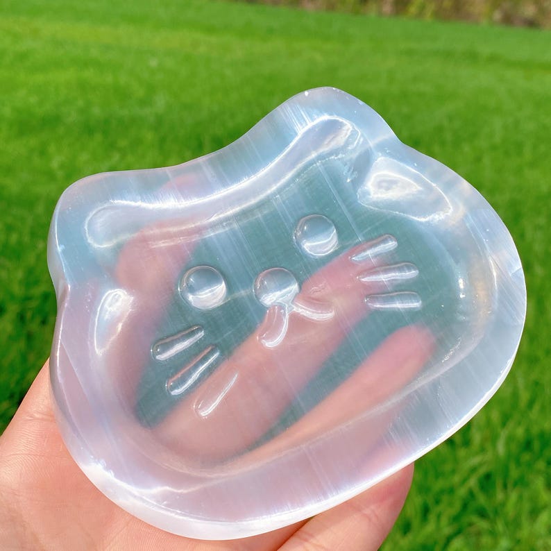 1PC Natural Selenite Happy Kitty Cat Bowl,Selenite Teacup Mat,Energy Meditation,Christmas Gift,Mineral Samples,Crystal Chakras,Crystal Gifts