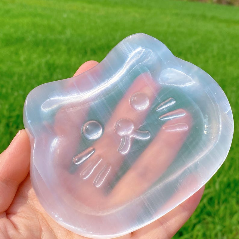 1PC Natural Selenite Happy Kitty Cat Bowl,Selenite Teacup Mat,Energy Meditation,Christmas Gift,Mineral Samples,Crystal Chakras,Crystal Gifts