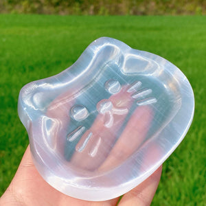 1PC Natural Selenite Happy Kitty Cat Bowl,Selenite Teacup Mat,Energy Meditation,Christmas Gift,Mineral Samples,Crystal Chakras,Crystal Gifts