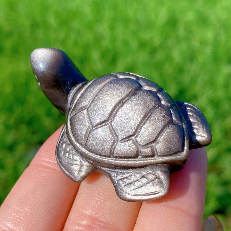 1PC Natural Silver Obsidian Sea Turtle,Quartz Crystal Tortoise,Crystal Animal,Reiki Healing,Home Decoration,Crystal Gift,Mineral Specimen