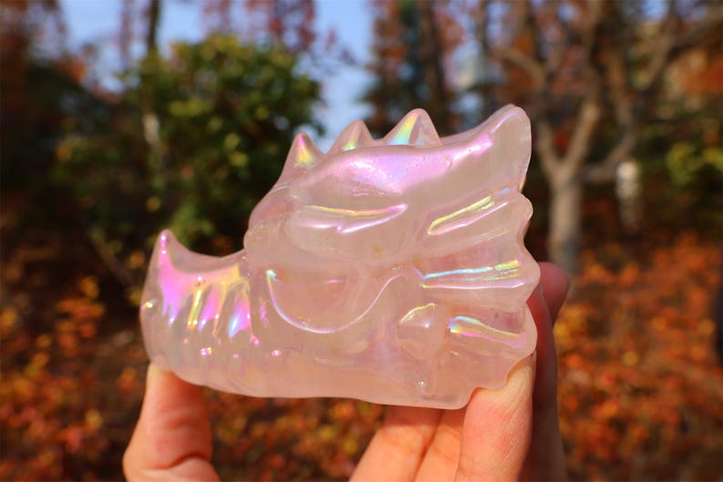4" Natural rose quartz electroplate Dragon Skull,Quartz Crystal Carved ,Crystal Heal Reiki,Home decoration,Crystal Sculpture,Crystal Gifts