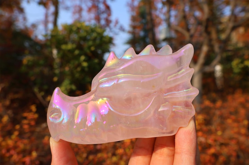 4" Natural rose quartz electroplate Dragon Skull,Quartz Crystal Carved ,Crystal Heal Reiki,Home decoration,Crystal Sculpture,Crystal Gifts