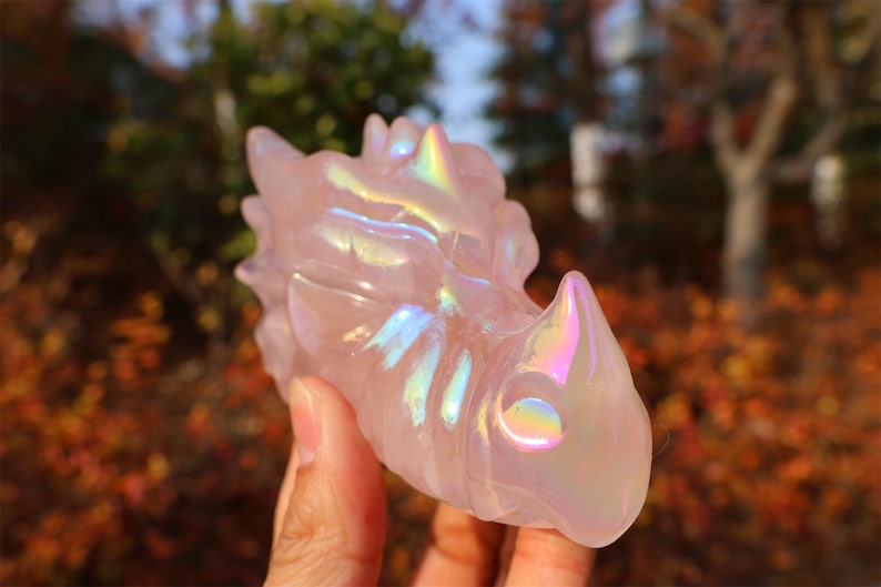 4" Natural rose quartz electroplate Dragon Skull,Quartz Crystal Carved ,Crystal Heal Reiki,Home decoration,Crystal Sculpture,Crystal Gifts