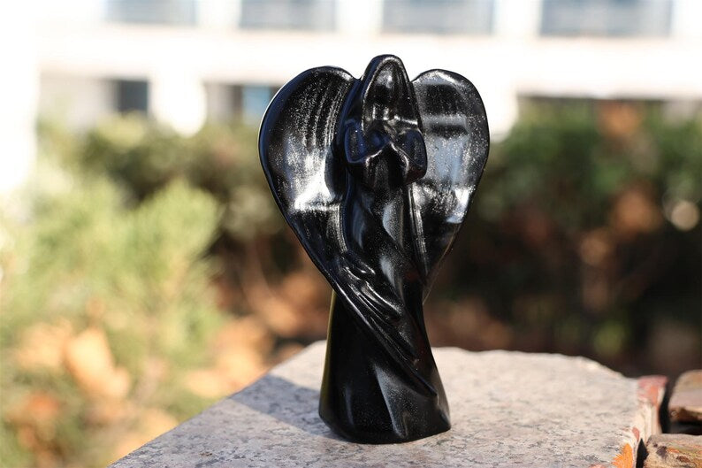 4" Natural obsidian angel, Quartz Crystal Carved,Crystal Heal Reiki, Home decoration, Crystal Gifts