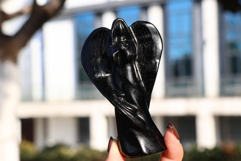 4" Natural obsidian angel, Quartz Crystal Carved,Crystal Heal Reiki, Home decoration, Crystal Gifts