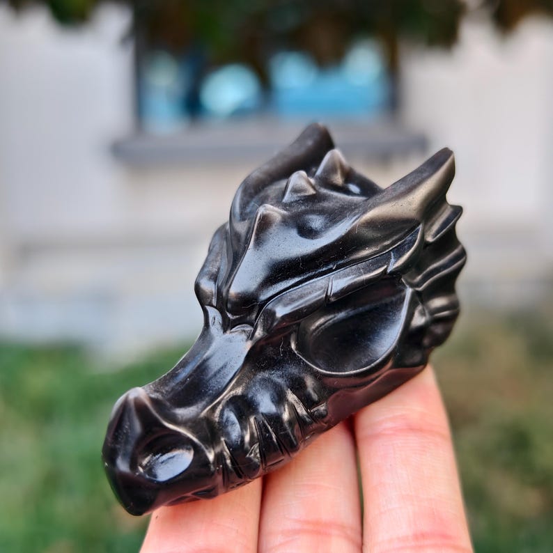 2.8" Natural Silver Obsidian Carved Dragon，Silver Obsidian Dragon Head Carving,Silver Obsidian Dragon，Home Decor，Healing Figurine，gifts