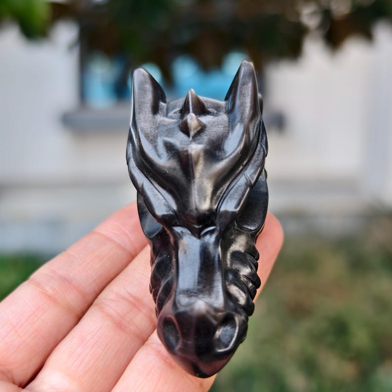 2.8" Natural Silver Obsidian Carved Dragon，Silver Obsidian Dragon Head Carving,Silver Obsidian Dragon，Home Decor，Healing Figurine，gifts