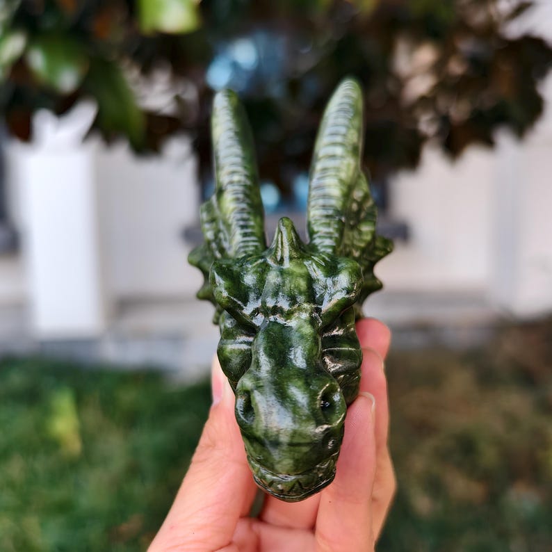 5" Natural Jade Carved Dragon，Jade Dragon Head Carving,Jade Dragon，Home Decor，Healing Figurine，gifts