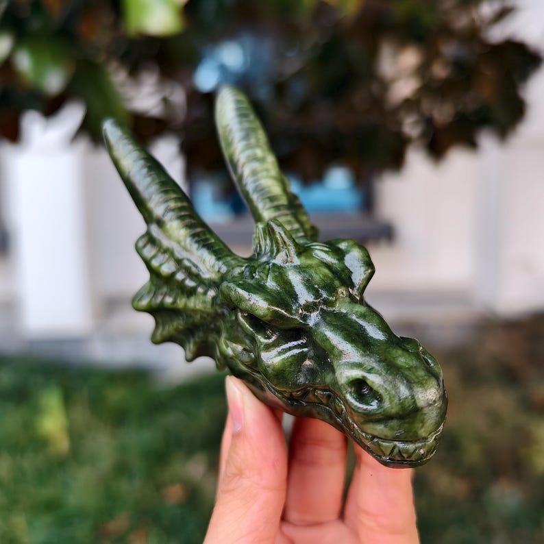 5" Natural Jade Carved Dragon，Jade Dragon Head Carving,Jade Dragon，Home Decor，Healing Figurine，gifts