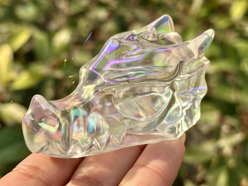2.8" Rainbow Titanium Aura Hand Carved Dragon Head,Electroplate Smelting Stone Skull,Energy crystal,Reiki healing,Home Decor,Crystal gift1PC