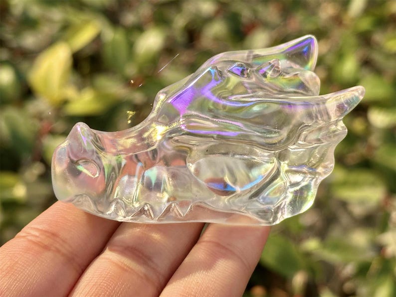 2.8" Rainbow Titanium Aura Hand Carved Dragon Head,Electroplate Smelting Stone Skull,Energy crystal,Reiki healing,Home Decor,Crystal gift1PC