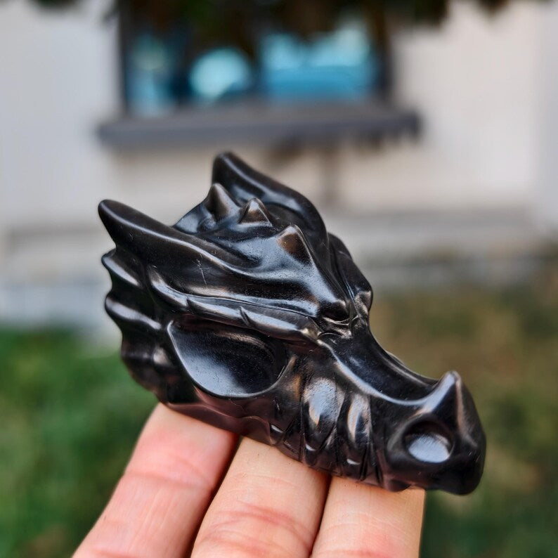 2.8" Natural Silver Obsidian Carved Dragon，Silver Obsidian Dragon Head Carving,Silver Obsidian Dragon，Home Decor，Healing Figurine，gifts