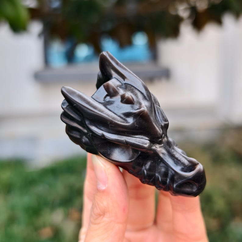 2.8" Natural Silver Obsidian Carved Dragon，Silver Obsidian Dragon Head Carving,Silver Obsidian Dragon，Home Decor，Healing Figurine，gifts