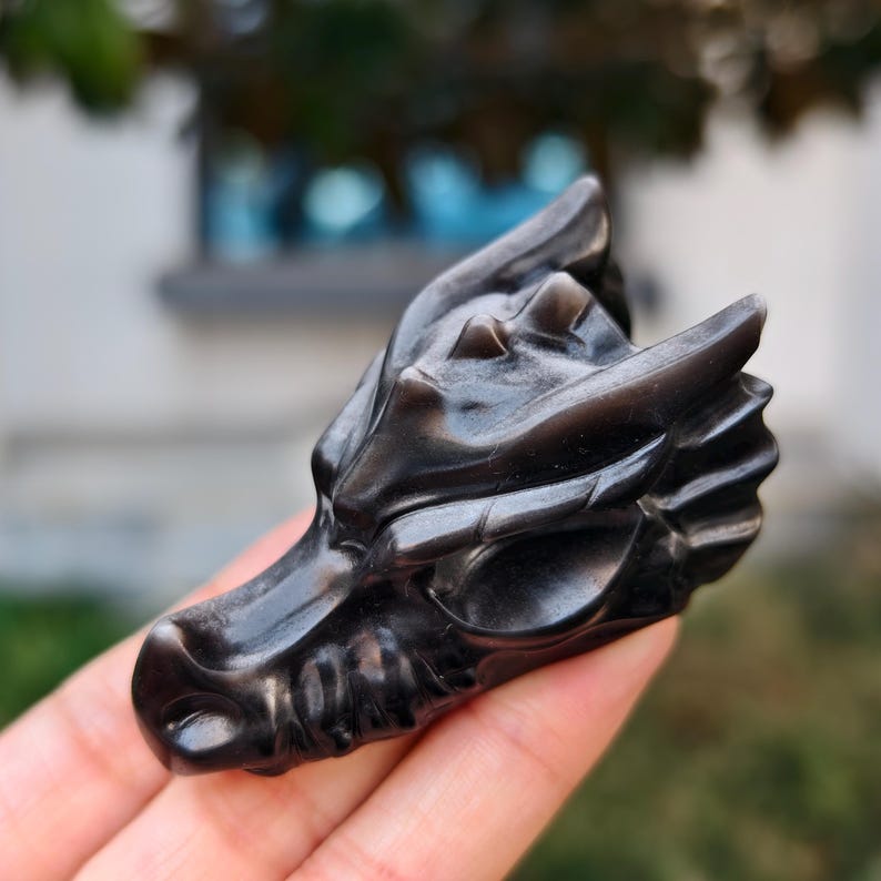 2.8" Natural Silver Obsidian Carved Dragon，Silver Obsidian Dragon Head Carving,Silver Obsidian Dragon，Home Decor，Healing Figurine，gifts