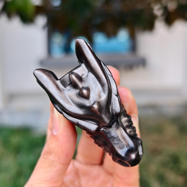 2.8" Natural Silver Obsidian Carved Dragon，Silver Obsidian Dragon Head Carving,Silver Obsidian Dragon，Home Decor，Healing Figurine，gifts