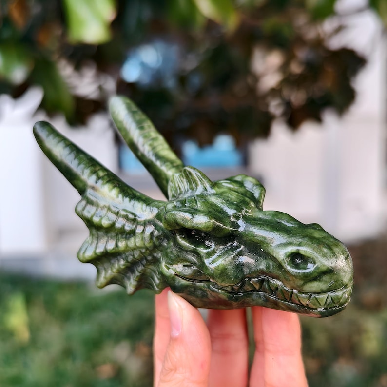 5" Natural Jade Carved Dragon，Jade Dragon Head Carving,Jade Dragon，Home Decor，Healing Figurine，gifts
