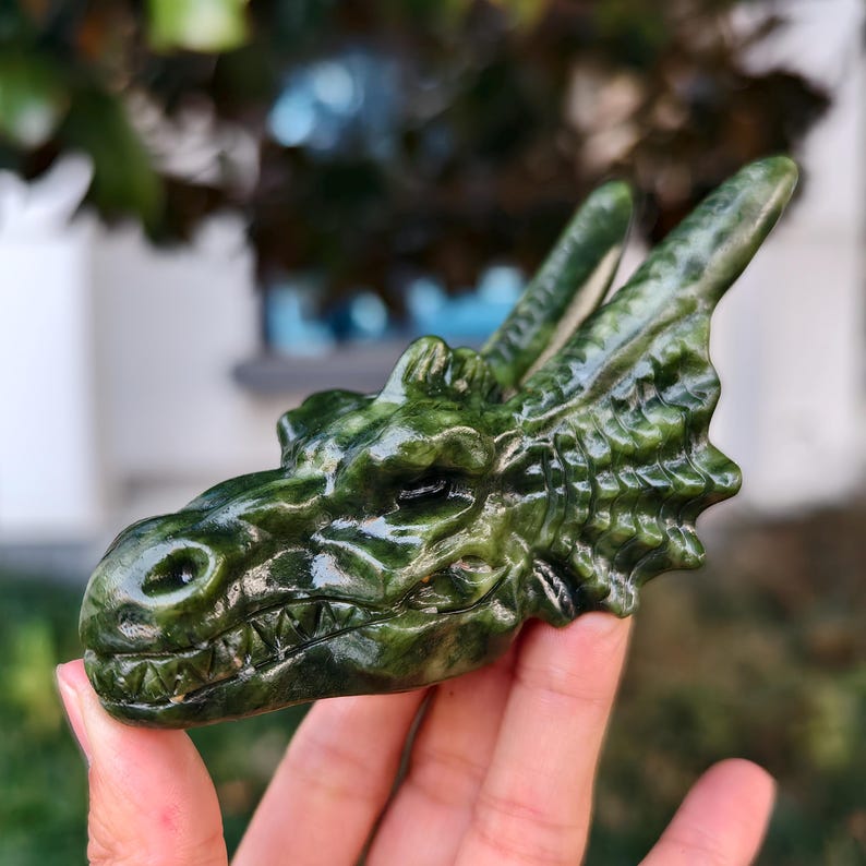 5" Natural Jade Carved Dragon，Jade Dragon Head Carving,Jade Dragon，Home Decor，Healing Figurine，gifts