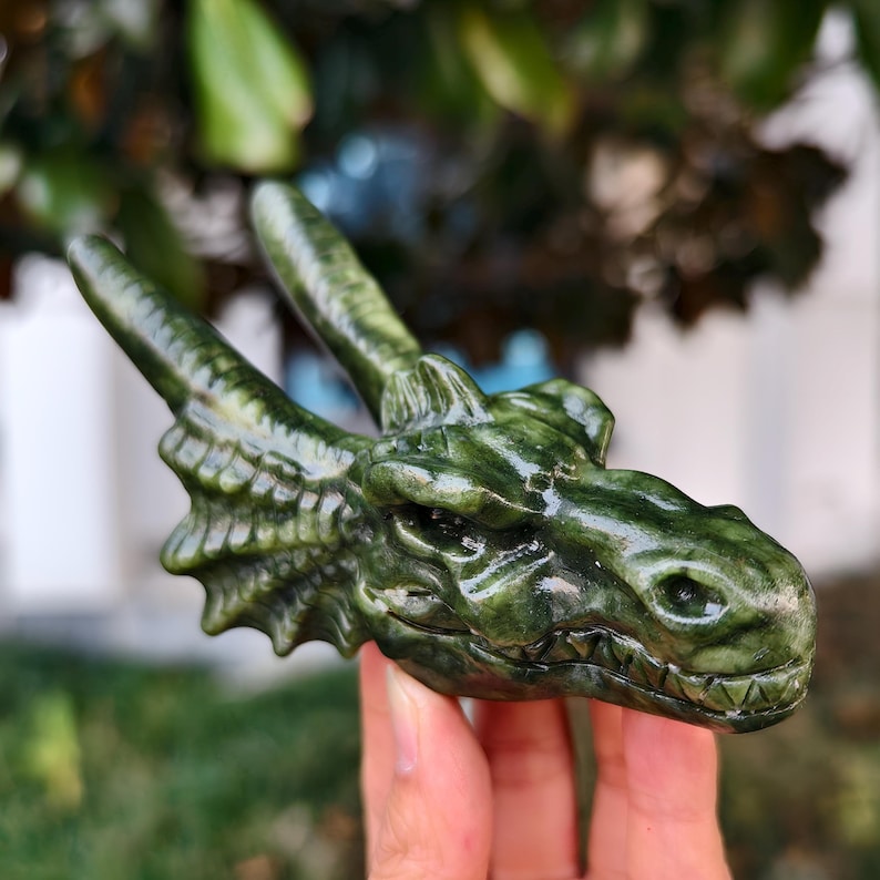 5" Natural Jade Carved Dragon，Jade Dragon Head Carving,Jade Dragon，Home Decor，Healing Figurine，gifts