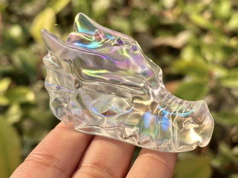 2.8" Rainbow Titanium Aura Hand Carved Dragon Head,Electroplate Smelting Stone Skull,Energy crystal,Reiki healing,Home Decor,Crystal gift1PC