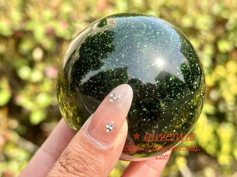 1PC 50mm+Green Gold Sand Sphere,Quartz Crystal,Crystal Ball Carving,Reiki Healing Crystal,Home Decor,Energy Crystal,Crystal gifts 1PC