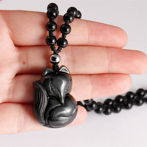 Black Obsidian Lucky Fox Necklace Natural Stone Healing Crystal Pendant