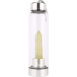 Crystal Glass Water Bottle, Water Bottle with Gemstone Center Crystal Elixir Bottle with Natural Crystal Point Healing Obelisk Wand Energy Cup