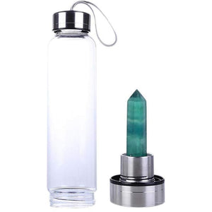 Crystal Glass Water Bottle, Water Bottle with Gemstone Center Crystal Elixir Bottle with Natural Crystal Point Healing Obelisk Wand Energy Cup